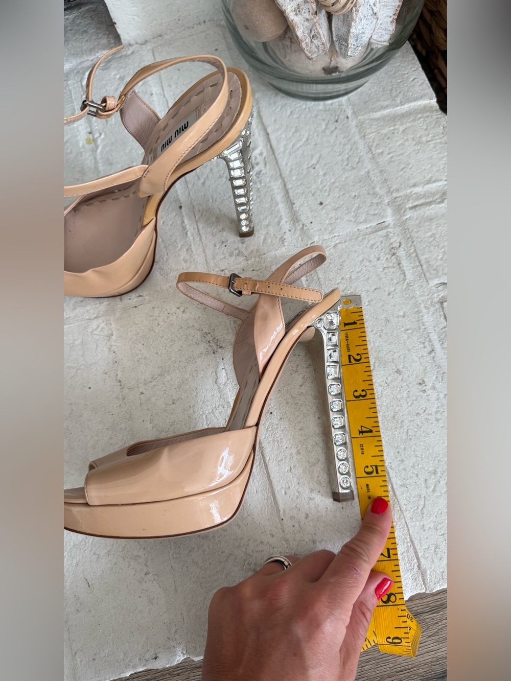 Miu Miu Crystal Heel Patent Leather Slingback Platform Sandals Nude EU 37 Y2K - Picture 12 of 13